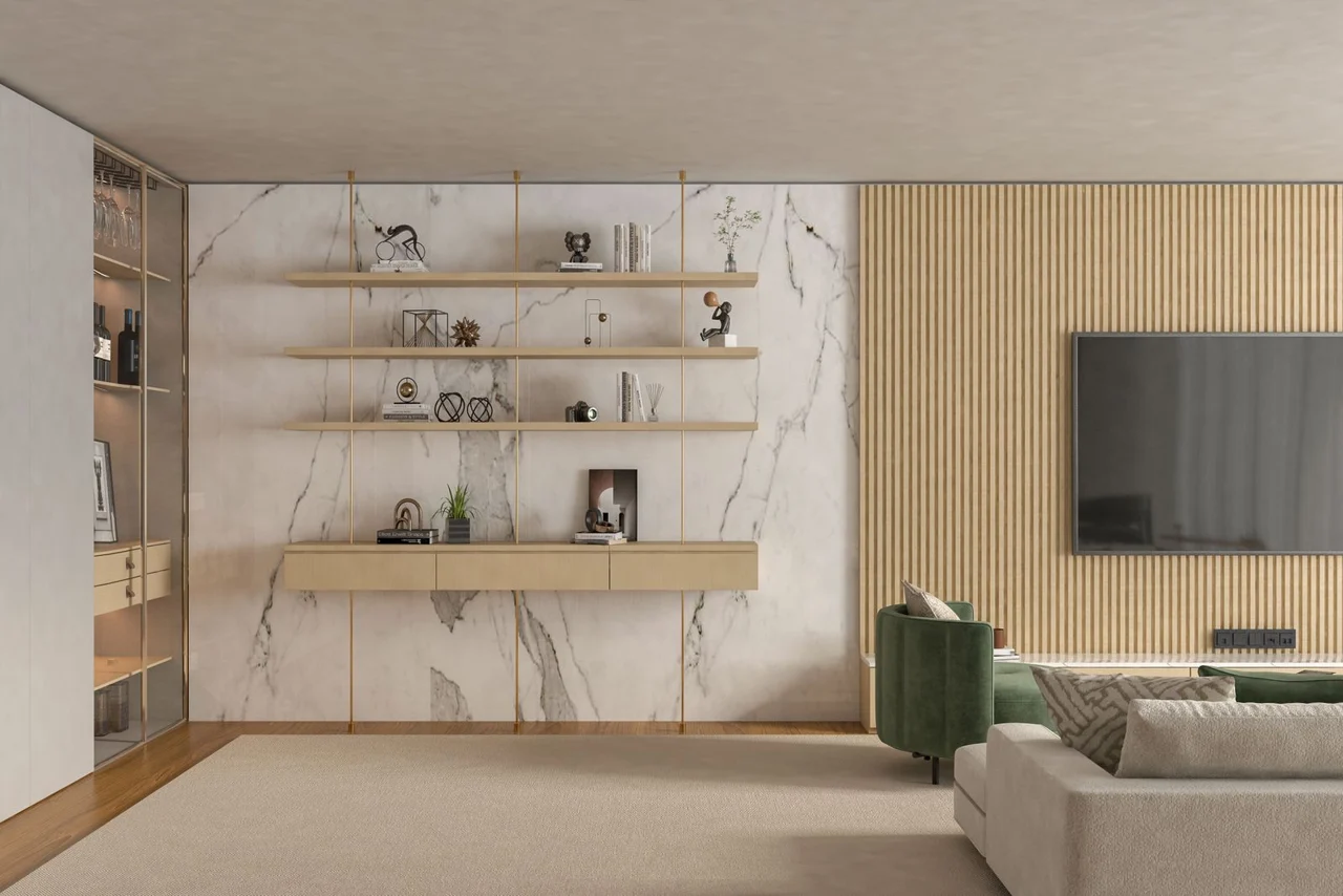 Contemporary interior with natural stone and warm wood